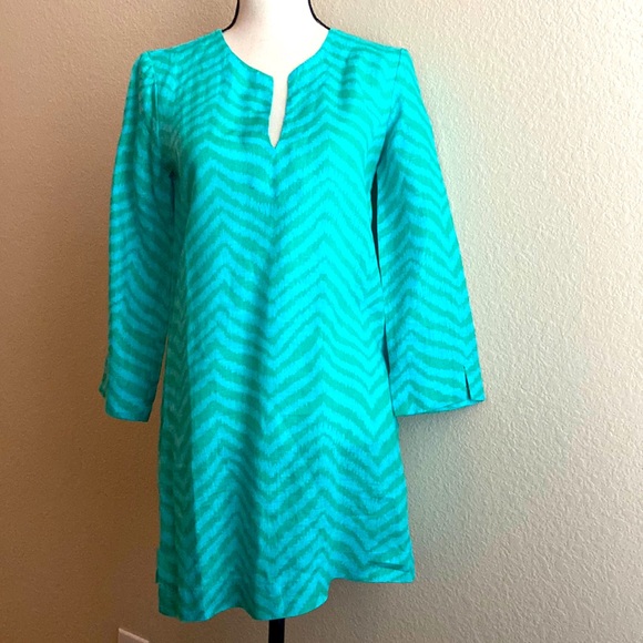 LILLY PULITZER GREEN AND BLUE CHEVRON LINEN LONG SLEEVE TUNIC COVERUP TOP - Picture 3 of 8